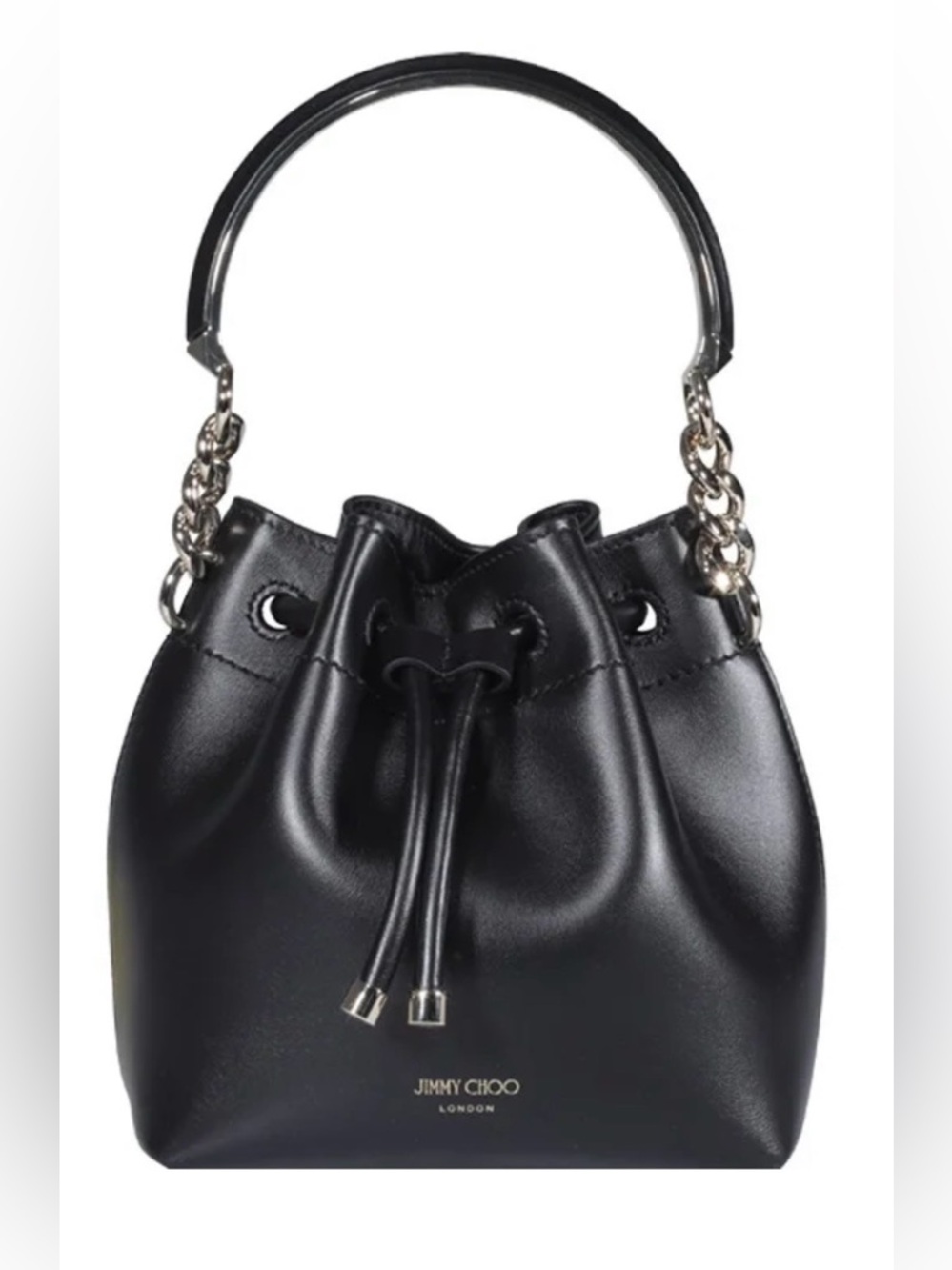 Jimmy Choo Bon Bon logo printed bucket bag in Black